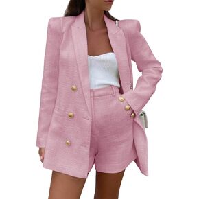 Cicy Bell Womens 2 Piece Tweed Blazer Shorts Sets Long Sleeve Double Breasted Suit Jackets Business Outfit Pink, XX-Large