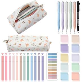 Jutom 39 Pcs Aesthetic Book Annotation Kit Pencil Case Bag with Highlighter Gel Pen 700 Sheets Transparent Sticky Notes Pads Index Tab Bible Study Supplies for School(Green,Kawaii Style)