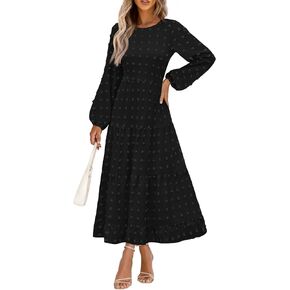 PRETTYGARDEN Women's Fall Elegant Long Sleeve Maxi Dress Swiss Dot A Line Flowy Casual Holiday Party Going Out Dresses