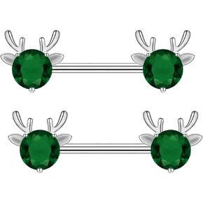 2PCS 14G 316L Stainless Steel Christmas Nipple Rings Transparent CZ Nipple Circle Animal Nipple Barbell Nipple Piercing Jewelry for Women (green)