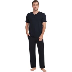 NACHILA Men's Pajamas Set-Viscose Made from Bamboo, Short Sleeve Pj Top Soft Long Pant Pajamas Set Cool Sleepwear with Pocket