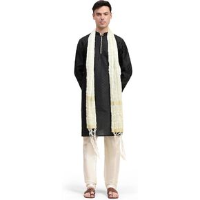 SKAVIJ Men's Jacquard Silk Kurta Pajama Set with Scarf Ethnic Motifs 3-Piece Set