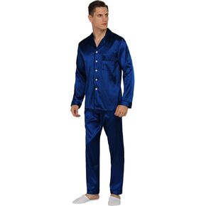 YIMANIE Mens Pajamas Silk Satin Pajamas for Men Soft Sleepwear Button Down Loungewear with Pockets Pure Blue