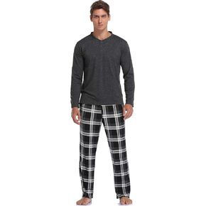 Vlazom Men's Long Sleeve Pajama Sets Pjs Sets Solid Tee and Plaid Pant Set S-XXL