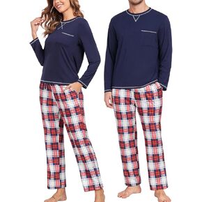Couples Christmas Pajamas Set Buffalo Plaid Pants with Pockets Womens Mens Long Sleeve Sleepwear for Family