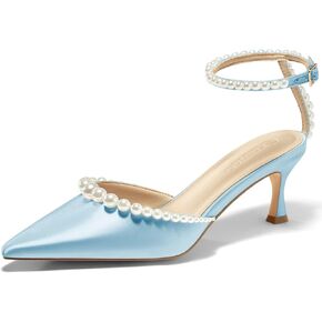 Coutgo Womens Pearl Kitten Heels Closed Pointed Toe Wedding Bride Dress Shoes Ankle Strap Satin Pumps