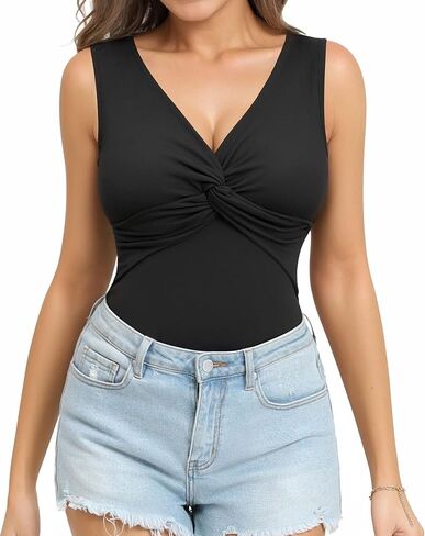 MANGOPOP Women's Sexy Twist Front Deep V Neck Sleeveless Bodysuit Going Out Tank Tops Bodysuits in Saudi Arabia