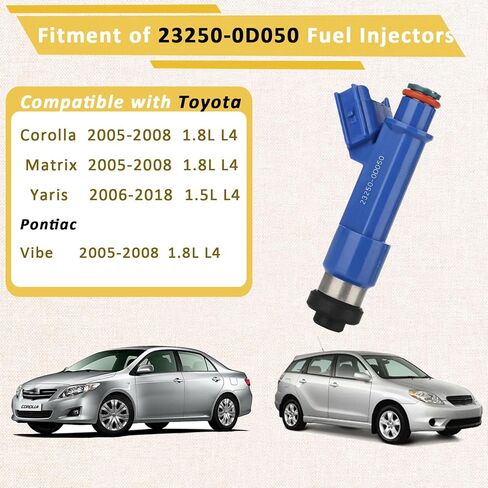 23209-0D050 OE 1.8L & 1.5L حاقن الوقود عالي الأداء، متوافق مع/Toyota 1.8 Corolla Matrix 2005-2008، Yaris 1.5L 2006-2018، متوافق مع/Pontiac Vibe |12 فتحة| |مجموعة من 4| in Kuwait