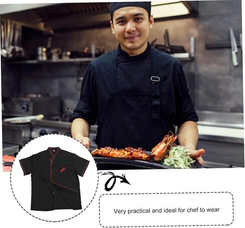 Unisex Short Sleeve Chef 6 Buttons Chef Coat Uniform Chef Coat Shirt Chef Coat Men for Service Restaurant (Black) in Kuwait