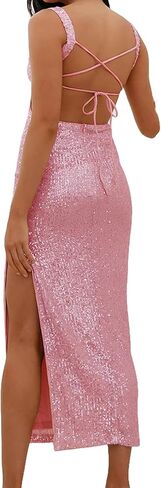 Women's Sequin Midi Dress Sexy Sparkly High Split Long Dress Square Neck Lace Up Backless Bodycon Dresses Party Outfits in Kuwait