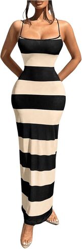 GORGLITTER Women's Striped Ribbed Bodycon Dresses Summer Backless Sleeveless Backless Maxi Dress in Saudi Arabia