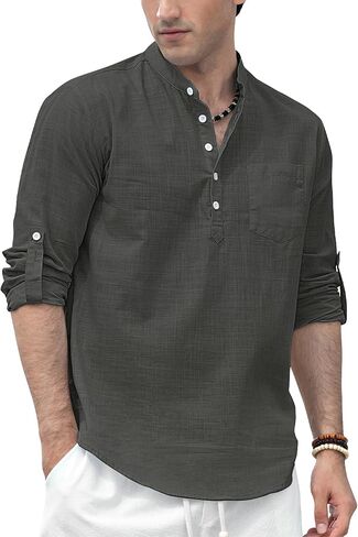 Enlision Mens Cotton Linen Henley Shirts Casual Long Sleeve Summer Beach Shirt Hawaii Hippie Button Down T-Shirt for Men in Kuwait