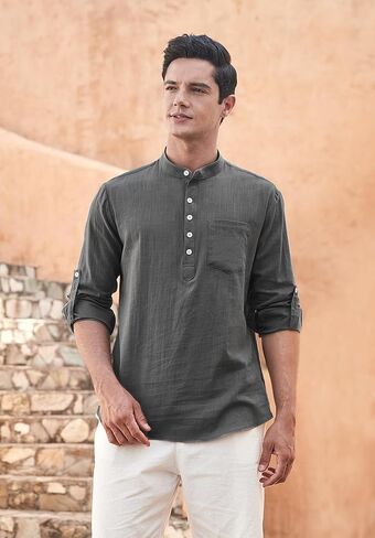 Enlision Mens Cotton Linen Henley Shirts Casual Long Sleeve Summer Beach Shirt Hawaii Hippie Button Down T-Shirt for Men in Kuwait