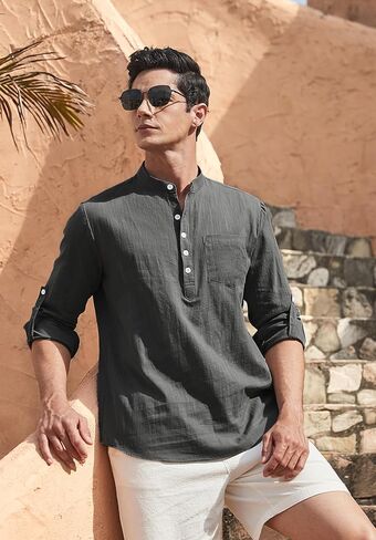 Enlision Mens Cotton Linen Henley Shirts Casual Long Sleeve Summer Beach Shirt Hawaii Hippie Button Down T-Shirt for Men in Kuwait