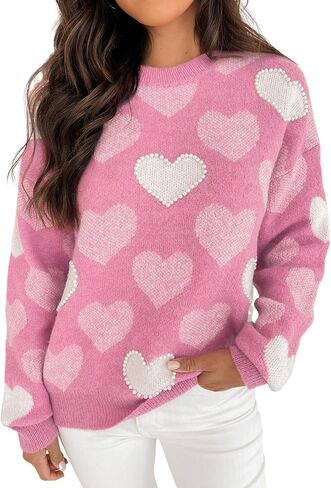 SELINK Women's Fuzzy Heart Sweater V Neck Pearl Drop Shoulder Casual Long Sleeve Valentines Sweaters Pullover Tops in Kuwait