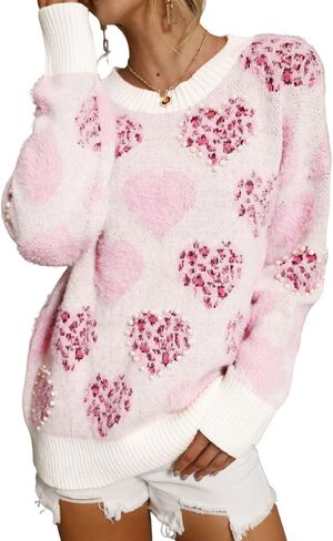 SELINK Women's Fuzzy Heart Sweater V Neck Pearl Drop Shoulder Casual Long Sleeve Valentines Sweaters Pullover Tops in Kuwait