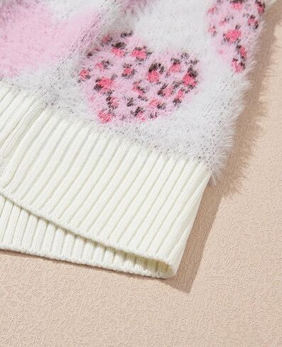 SELINK Women's Fuzzy Heart Sweater V Neck Pearl Drop Shoulder Casual Long Sleeve Valentines Sweaters Pullover Tops in Kuwait