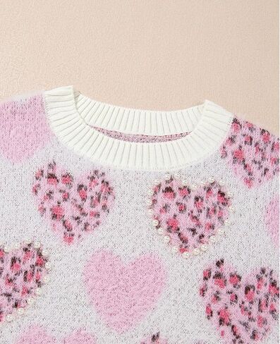 SELINK Women's Fuzzy Heart Sweater V Neck Pearl Drop Shoulder Casual Long Sleeve Valentines Sweaters Pullover Tops in Kuwait