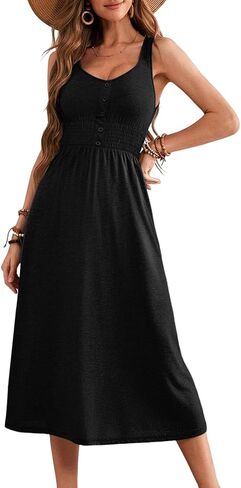 Dokotoo Womens Summer Dresses 2025 Sleeveless Button Down Smocked Elastic Waist Casual A-Line Swing Midi Dress Sundress in Saudi Arabia