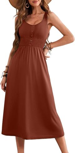 Dokotoo Womens Summer Dresses 2025 Sleeveless Button Down Smocked Elastic Waist Casual A-Line Swing Midi Dress Sundress in Saudi Arabia