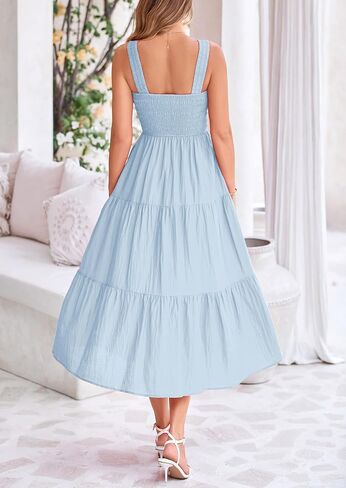 PRETTYGARDEN Womens Smocked Midi Dress 2025 Summer Ruffle A Line Long Flowy Dresses Cute Sleeveless Beach Sundress in Saudi Arabia