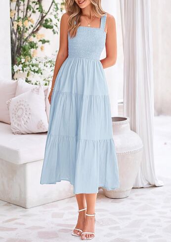 PRETTYGARDEN Womens Smocked Midi Dress 2025 Summer Ruffle A Line Long Flowy Dresses Cute Sleeveless Beach Sundress in Saudi Arabia
