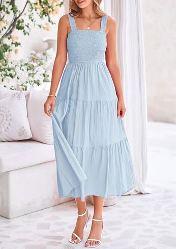 PRETTYGARDEN Womens Smocked Midi Dress 2025 Summer Ruffle A Line Long Flowy Dresses Cute Sleeveless Beach Sundress in Saudi Arabia