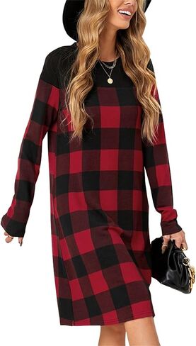 فستان PALINDA نسائي طويل الأكمام منقوش باللون الأحمر الجاموس فضفاض بطول كبير لعيد الميلاد in Kuwait