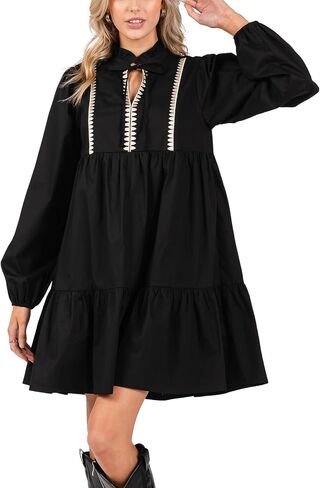 Women's Casual Long Sleeve Tie V Neck Ruffle Tiered A-Line Swing Boho Mini Dress with Pockets in Saudi Arabia
