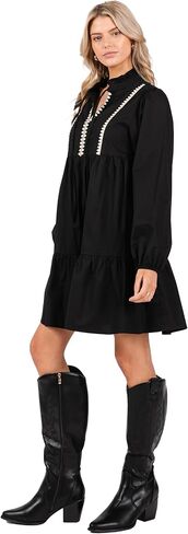 Women's Casual Long Sleeve Tie V Neck Ruffle Tiered A-Line Swing Boho Mini Dress with Pockets in Saudi Arabia
