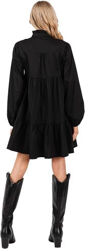 Women's Casual Long Sleeve Tie V Neck Ruffle Tiered A-Line Swing Boho Mini Dress with Pockets in Saudi Arabia