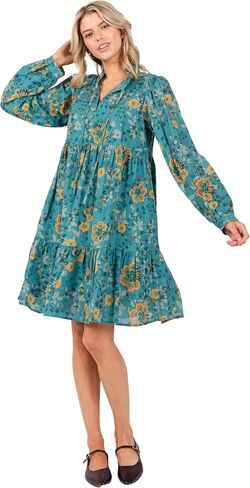 Women's Casual Long Sleeve Tie V Neck Ruffle Tiered A-Line Swing Boho Mini Dress with Pockets in Saudi Arabia