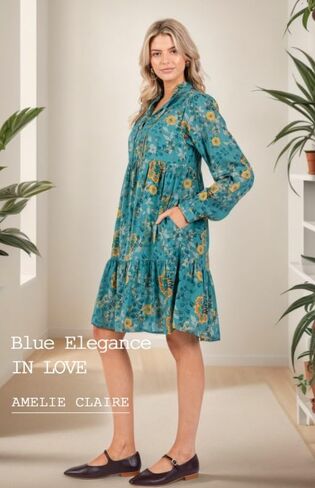 Women's Casual Long Sleeve Tie V Neck Ruffle Tiered A-Line Swing Boho Mini Dress with Pockets in Saudi Arabia