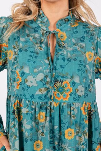 Women's Casual Long Sleeve Tie V Neck Ruffle Tiered A-Line Swing Boho Mini Dress with Pockets in Saudi Arabia