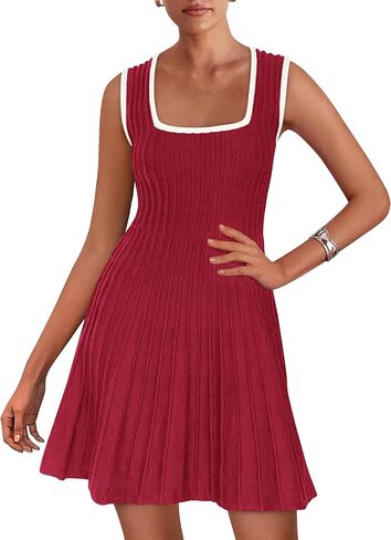MASCOMODA Women 2025 Summer Mini Dresses Sleeveless Sweater Dress Color Block Square Neck A Line Swing Knit Short Tank Dress in Saudi Arabia