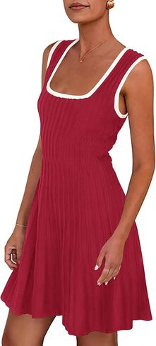 MASCOMODA Women 2025 Summer Mini Dresses Sleeveless Sweater Dress Color Block Square Neck A Line Swing Knit Short Tank Dress in Saudi Arabia