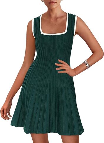 MASCOMODA Women 2025 Summer Mini Dresses Sleeveless Sweater Dress Color Block Square Neck A Line Swing Knit Short Tank Dress in Saudi Arabia
