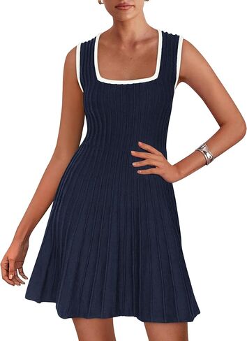 MASCOMODA Women 2025 Summer Mini Dresses Sleeveless Sweater Dress Color Block Square Neck A Line Swing Knit Short Tank Dress in Saudi Arabia