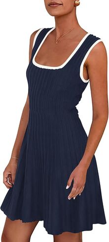 MASCOMODA Women 2025 Summer Mini Dresses Sleeveless Sweater Dress Color Block Square Neck A Line Swing Knit Short Tank Dress in Saudi Arabia