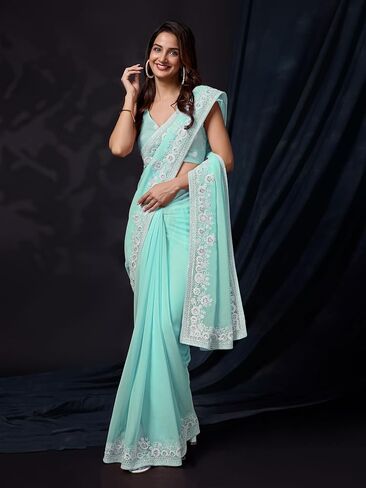 TRENDMALLS Women's Georgette Embroidery work Saree for women in Saudi Arabia