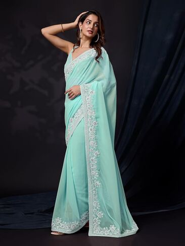 TRENDMALLS Women's Georgette Embroidery work Saree for women in Saudi Arabia