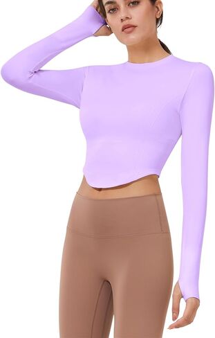 Women Long Sleeve Workout Crop Tops Slim Fit Soft Seamless Yoga Gym Shirts, Crew Neck Going Out Y2k Tops in Saudi Arabia