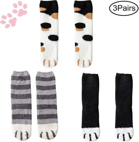 3 Pairs Slipper Socks for Women Girl, Winter Indoor Socks Fuzzy Fluffy Home Socks Soft Cat in Saudi Arabia