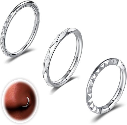 3PCS 16G Titanium Nose Rings Hoops Septum Hinged Nose Rings CZ Conch Piercing Jewelry Heart Spike Segment Ring Clicker Cartilage Tragus Helix Daith Rook Hoop Earrings, Diameter 8mm/10mm in Saudi Arabia