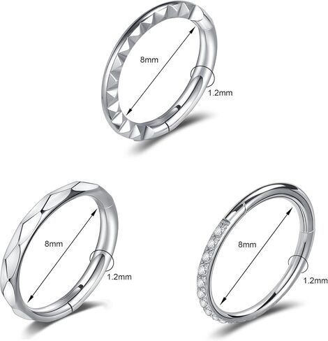 3PCS 16G Titanium Nose Rings Hoops Septum Hinged Nose Rings CZ Conch Piercing Jewelry Heart Spike Segment Ring Clicker Cartilage Tragus Helix Daith Rook Hoop Earrings, Diameter 8mm/10mm in Saudi Arabia