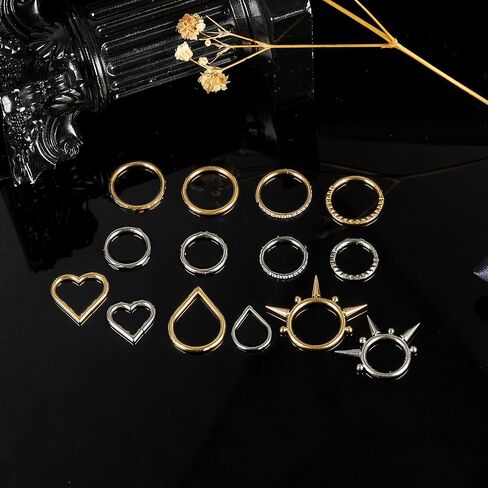 3PCS 16G Titanium Nose Rings Hoops Septum Hinged Nose Rings CZ Conch Piercing Jewelry Heart Spike Segment Ring Clicker Cartilage Tragus Helix Daith Rook Hoop Earrings, Diameter 8mm/10mm in Saudi Arabia