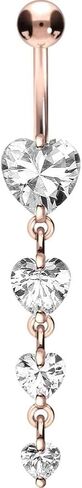 PIERCINGLINE surgical steel dangle belly button piercing with 4 hanging crystal hearts - belly button ring surgical steel, gold, silver, rosegold piercing - new version with improved durability in Kuwait