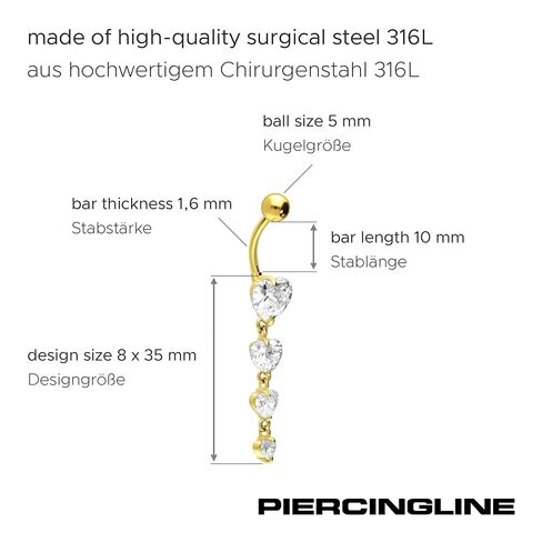 PIERCINGLINE surgical steel dangle belly button piercing with 4 hanging crystal hearts - belly button ring surgical steel, gold, silver, rosegold piercing - new version with improved durability in Kuwait