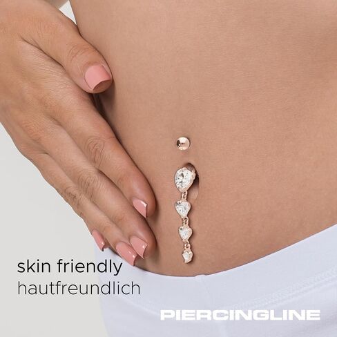PIERCINGLINE surgical steel dangle belly button piercing with 4 hanging crystal hearts - belly button ring surgical steel, gold, silver, rosegold piercing - new version with improved durability in Kuwait