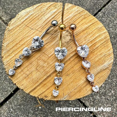 PIERCINGLINE surgical steel dangle belly button piercing with 4 hanging crystal hearts - belly button ring surgical steel, gold, silver, rosegold piercing - new version with improved durability in Kuwait